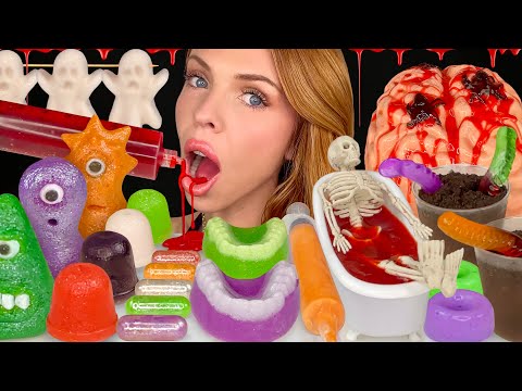 ASMR MUKBANG, Halloween Treats, Edible Blood, Worms N Dirt, Marzipan Monsters, Brain Jello, Food 먹방