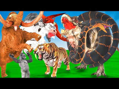 Giant Tiger T-rex Vs Anaconda Save Big Bulls Woolly Mammoth Fight Dinosaur Battle Animal Revolt