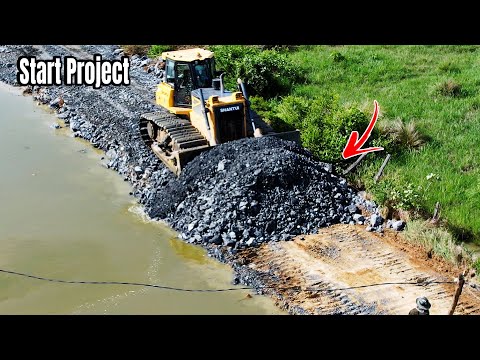 Amazing Rock Stone Pouring In Deep Pond Big Project Bulldozer Moving, Dump Truck Unloading