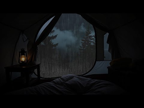 Rain on a dark night in the middle of the forest - Heavy rain on the roof of the tent, camping on a