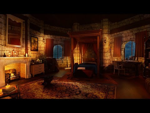 Cozy Medieval Room - Rain & Thunderstorm Sounds with Crackling Fireplace at Night