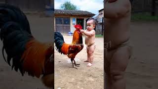 Kid vs Rooster: A Hilarious Chase in the Backyard! #funnyvideos #kidsandanimals #tiny