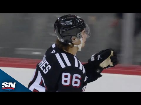 Devils' Jack Hughes Intercepts Pass Before Wiring Shot Top Corner