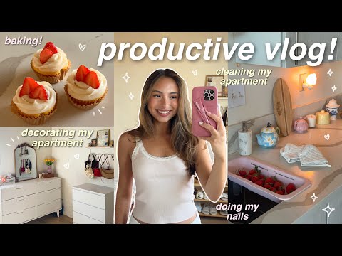 PRODUCTIVE VLOG 🫶🏼 decorating my apartment, resetting, cleaning, baking, doing my nails, etc 🍓