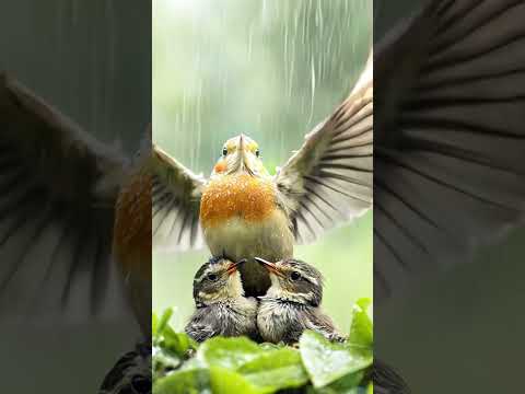 Heartwarming Moment: Mother Robin Shields Her Nestlings 🐦🌧️