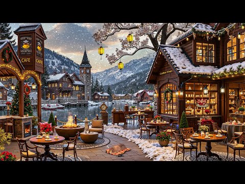 Morning Jazz Music for Calm, Relax ❄️ Coffee Shop Outdoor in Winter Village by the Lakeside Ambience