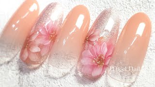 ピンク&オレンジふんわり奥行きフラワーネイル♡Pink & Orange Flower Nailart