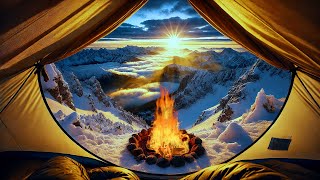 Winter Alpine Tent Campfire in 8K HDR | Sunset View & ASMR Fire Sounds for Relaxation