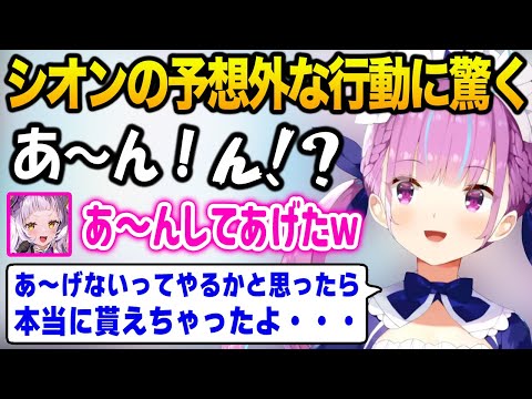 冗談のつもりでシオンが「あーん」してくれるのを待っていたら、本当にしてくれてビックリするあくたん【ホロライブ 湊あくあ 紫咲シオン】