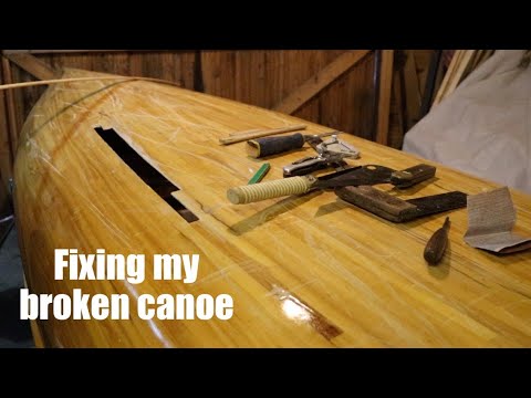 Canoe Hull Repair.  Fixing a Hole in my Cedar Strip Canoe.  Fibreglass/Fiberglass and Epoxy.