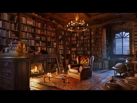 Old Book Shop Ambience - Rain & Thunder Sounds | Warm Fireplace | Sleep, Study, Meditation