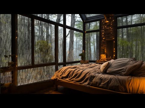 Rain falls in a cozy bedroom deep in the forest. Come in and have a good night’s sleep 😴