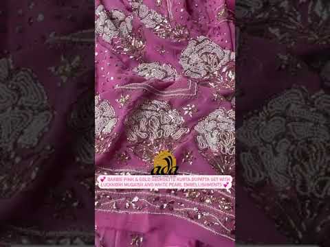 Barbie Pink & Gold Georgette Kurta Dupatta Set With Lucknavi Muqaish and Pearl Embellishments