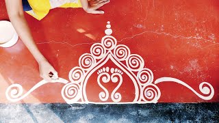 How to draw alpona design for Laxmi Puja/simple door alpana design/Odia jhoti Chita/rangoli design