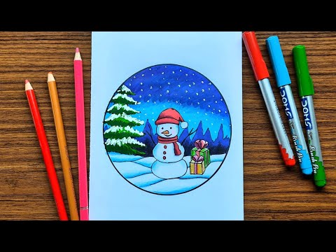 Christmas drawing | Christmas scenery drawing step by step | Snow man drawing