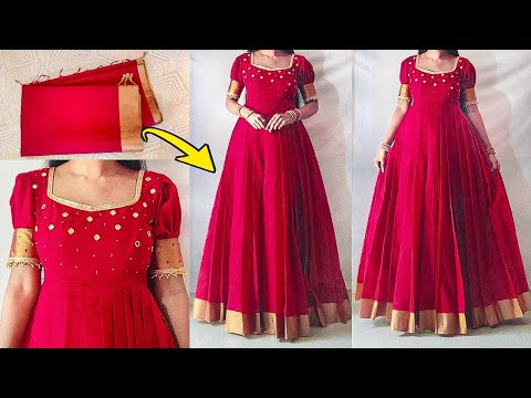 Convert Old Saree into designer long dress step by step |Princess cut long dress cutting stitching