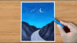 Moonlight scenery drawing with oil pastel - Tutorial #shorts