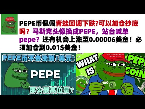 PEPE币佩佩青蛙回调下跌?可以加仓抄底吗？马斯克头像换成PEPE，站台喊单pepe？还有机会上涨至0.00006美金！必须加仓到0.01$美金！#PEPE币#meme币#佩佩币行情分析