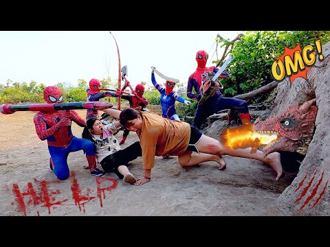 The brave Spider-Man team rescues two girls from the ferocious fire dragon monster attack