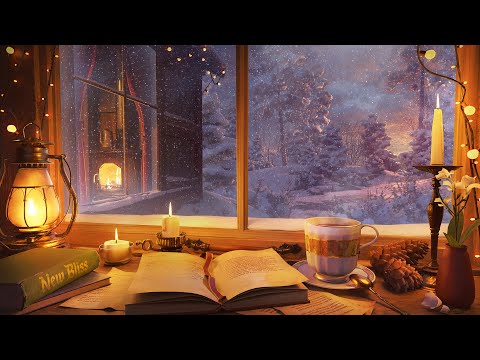 Cozy Winter Cabin with Fireplace, Snow Falling and Soothing Wind Sounds for Relaxation