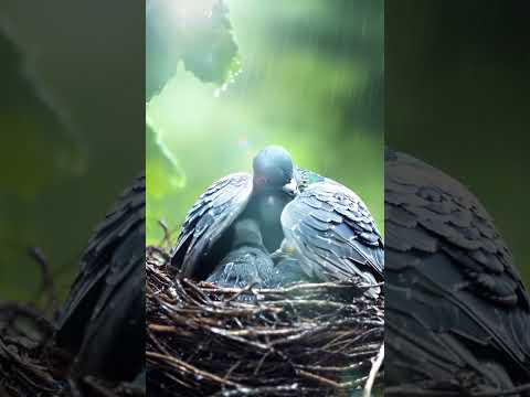 Mother Pigeon Embracing Her Chicks in the Rain ❤️ #Motherhood #Pigeons