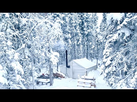 -30 WINTER CAMPING *VERY CLOSE CALL WITH TREE FALLING on HOT TENT*