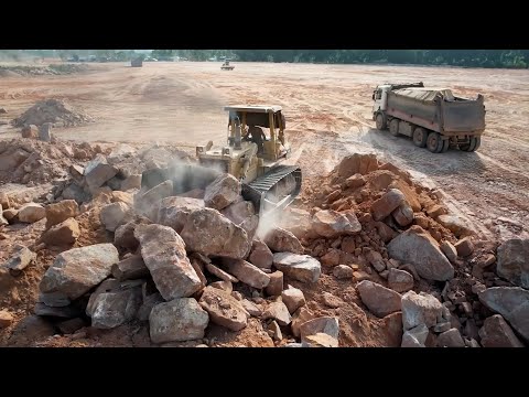 Amazing Power Strong Dozer Pushing Rock Stone Mix Soil Komatsu D68E, Dump truck Unloaded Rock