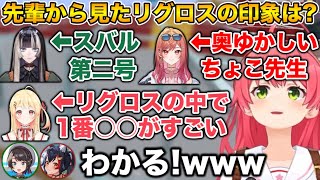 先輩から見たリグロスの印象と、それを聞いた後輩の反応【ホロライブ切り抜き/さくらみこ/大空スバル/大神ミオ/火威青/音乃瀬奏/一条莉々華/儒烏風亭らでん/轟はじめ】