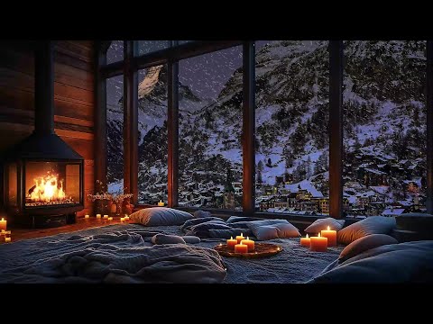 Tranquil Winter Cabin ❄️ Snowy Views, Soft Jazz, and Warm Fireplace Ambience