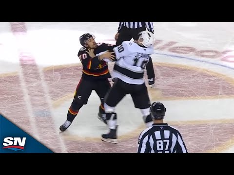 Flames' Ryan Lomberg And Kings' Tanner Jeannot Square Off At Centre Ice