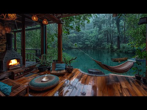 Tropical Forest Porch On Rainy Day - Calming Rain and Fireplace Sounds To Relax, Sleep, Rest