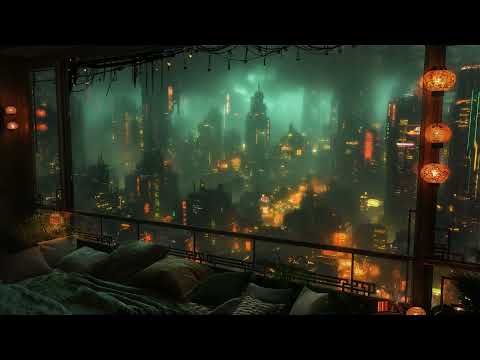 Raindrop Retreat above Cyberpunk City | Rain on Window Sounds | Rain White Noise | 4K | 10 hours