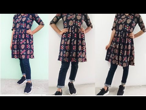 सिर्फ 1.5 कपडे से बनाये shirt collar neck kurti// girls long top cutting and stitching