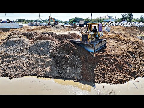 Skill Job At Land Filling Process Big Dozer Pushing Stone Mix Soil Komatsu D53P Ft 5ton Dumper