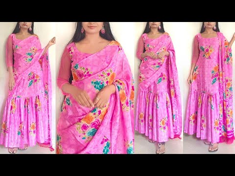 Ready to wear Gown/Saree cutting and stitching /most viral 2 in 1 dress/1 minute ready to wear saree