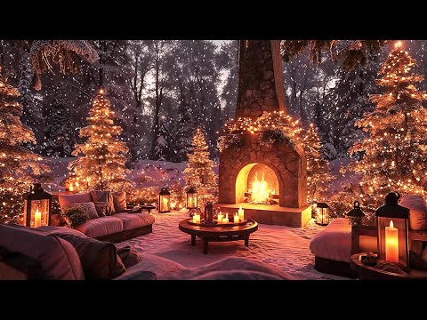 Christmas Porch Jazz 🎄 Cozy Winter Tunes with Crackling Fireplace and Snowfall Ambience