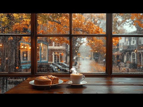 Get Cozy! Rainy Autumn Coffee Shop Ambience💦🍁☕️Rain Sounds & Distance Thunder for Study & Relaxation