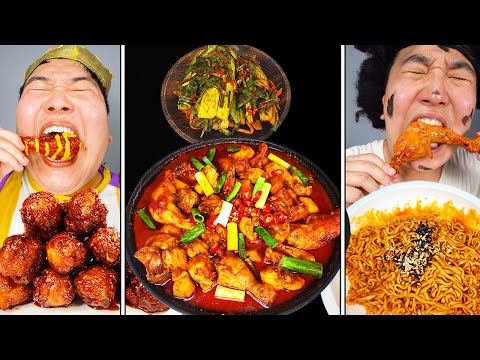 Braised chicken with Fried Chicken cooked on a cauldron lid - ASMR Mukbang eating show