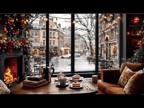 Cozy Winter Cafe Ambience ❄️☕🧣Relaxing Jazz & Crackling Fireplace Ambience 4K for Study, Work, Chill