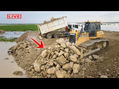 BEST ACTION! The Strong Bulldozer Pushing Rock Stone SHANTUI DH17C2, DONGFENG 10wheel Truck Unloaded