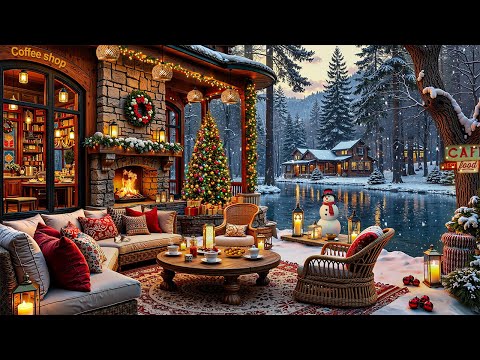 Warm Christmas Vibes On The Outdoor Lakeside Cafe ☕❄ Relaxing Winter Jazz & Cozy Fireplace For Relax