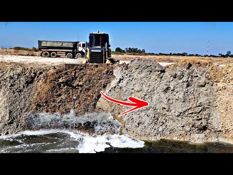 BEST ACTIVITIES! Skillful Bulldozer Pouring Soil Dropping In Water, 25.5t Truck Unloading Soil